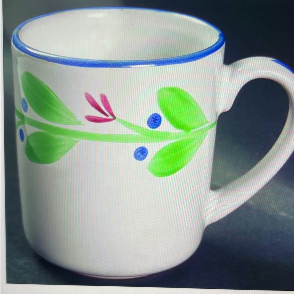Dansk White Mug with Blue Rim and Floral Design
